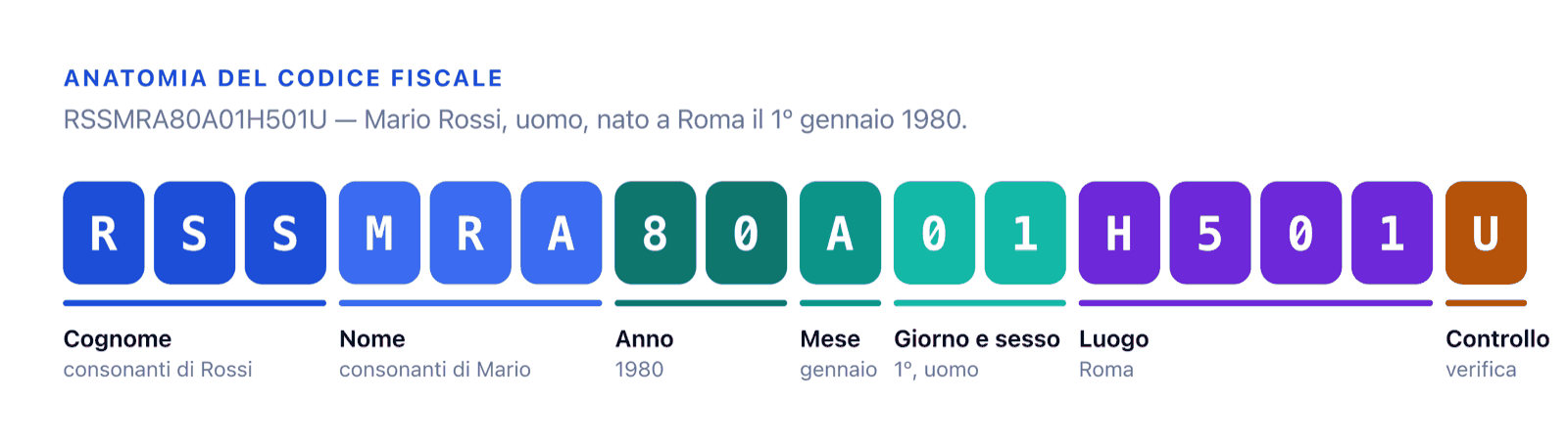 Schema dei sedici caratteri di RSSMRA80A01H501U: RSS cognome, MRA nome, 80 anno, A mese, 01 giorno e sesso, H501 luogo, U controllo.