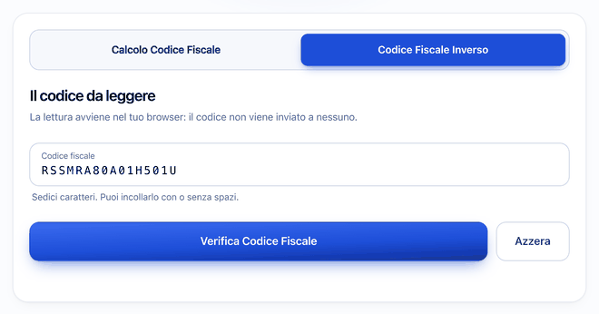 La card con il selettore Calcolo Codice Fiscale / Codice Fiscale Inverso, il campo compilato con RSSMRA80A01H501U e il pulsante Verifica Codice Fiscale.