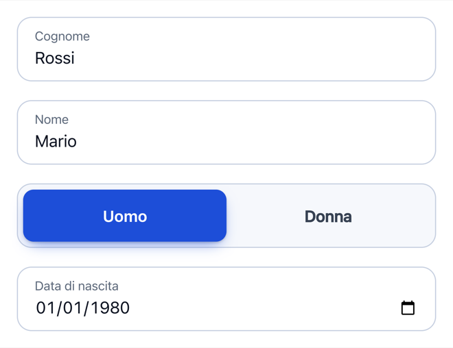 I campi Cognome, Nome, Uomo/Donna e Data di nascita compilati con Rossi, Mario, Uomo, 01/01/1980.