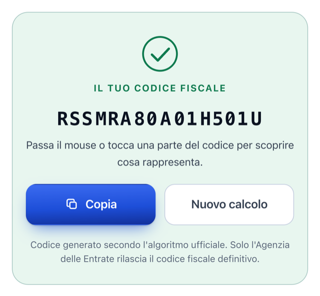Il riquadro del risultato con il codice fiscale RSSMRA80A01H501U e i pulsanti Copia e Nuovo calcolo.